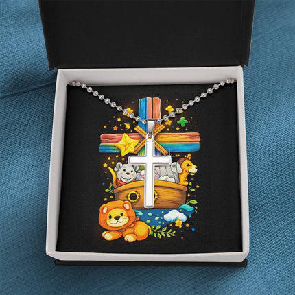 Rainbow Cross Noahs Ark | Christian Cross Necklace | Gift for Kids