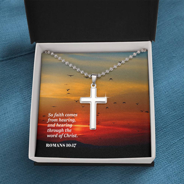 Romans 10:17 cross necklace with ball chain – “faith comes from hearing” Christian jewelry gift