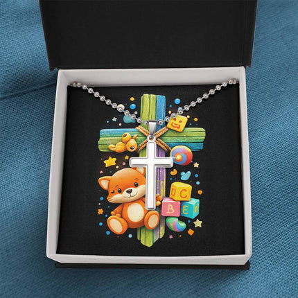 Rainbow Cross Little Fox | Christian Cross Necklace | Gift for Kids