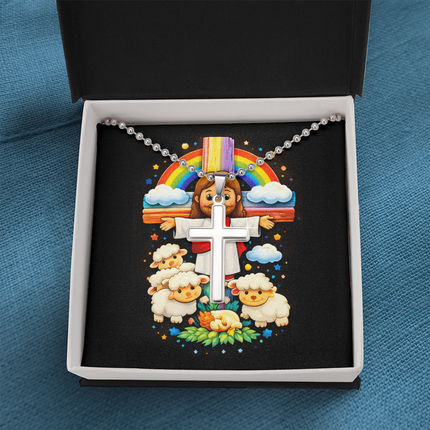 Jesus And Little Lambs | Christian Cross Necklace | Gift for Kids