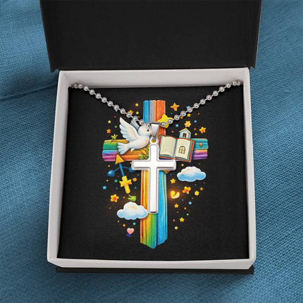 Rainbow Cross Open Bible | Christian Cross Necklace | Gift for Kids