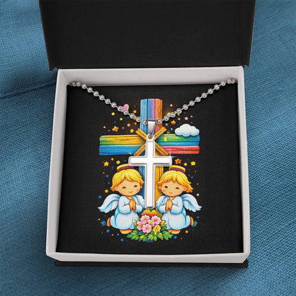 Rainbow Cross Angel Twins | Christian Cross Necklace | Gift for Kids