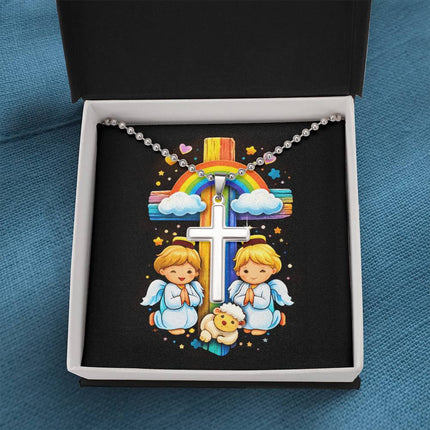 Rainbow Cross Cherub Angels | Christian Cross Necklace | Gift for Kids