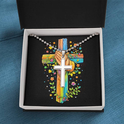 Rainbow Cross Praying Hands | Christian Cross Necklace | Gift for Kids