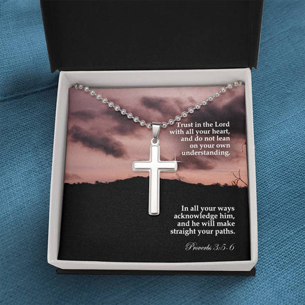 Proverbs 3:5-6 cross necklace with ball chain – “trust in the Lord” Christian jewelry gift