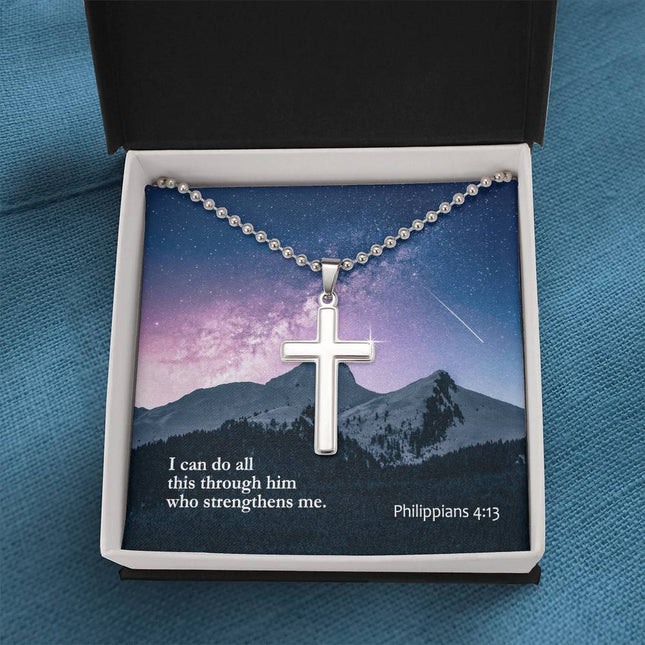 Philippians 4:13 cross necklace with ball chain – “through him who strengthens me” Christian jewelry gift