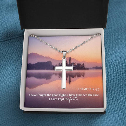 2 Timothy 4:7 cross necklace with ball chain – “finished the race kept the faith” Christian jewelry gift