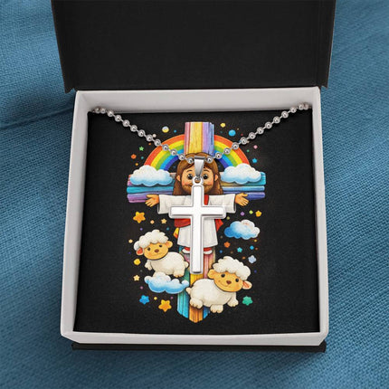 Rainbow Cross Jesus And Lamb | Christian Cross Necklace | Gift for Kids