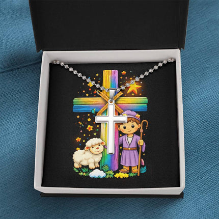 Rainbow Cross Little Shepherd | Christian Cross Necklace | Gift for Kids