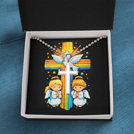 Rainbow Cross Angels And Dove | Christian Cross Necklace | Gift for Kids