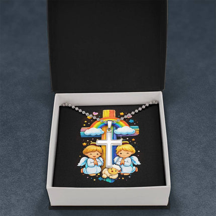 Rainbow Cross Cherub Angels | Christian Cross Necklace | Gift for Kids