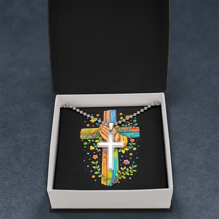 Rainbow Cross Praying Hands | Christian Cross Necklace | Gift for Kids