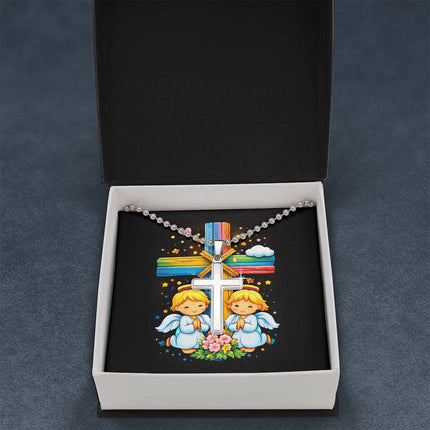 Rainbow Cross Angel Twins | Christian Cross Necklace | Gift for Kids