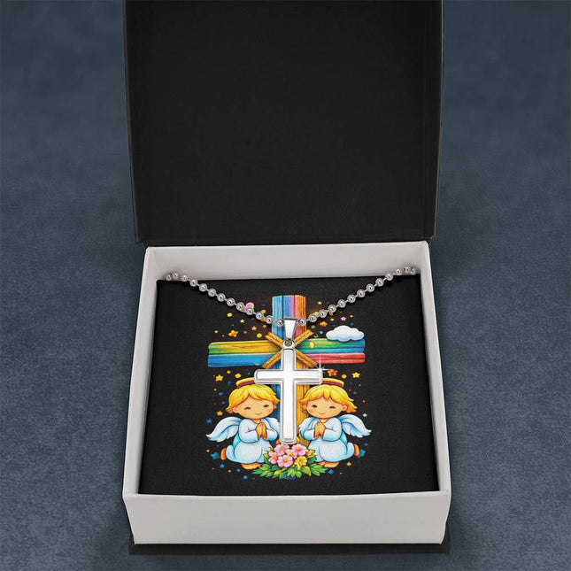 Rainbow Cross Angel Twins | Christian Cross Necklace | Gift for Kids