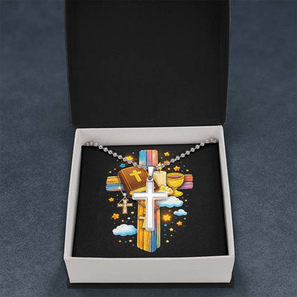 Rainbow Cross Bible And Cross | Christian Cross Necklace | Gift for Kids