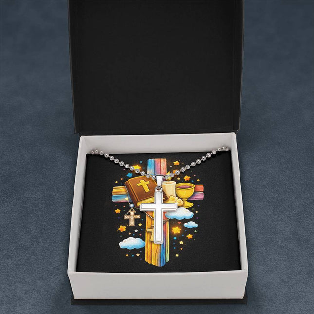 Rainbow Cross Bible And Cross | Christian Cross Necklace | Gift for Kids