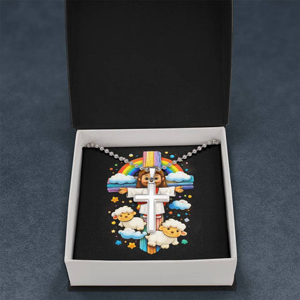 Rainbow Cross Jesus And Lamb | Christian Cross Necklace | Gift for Kids