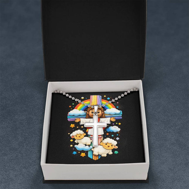Rainbow Cross Jesus And Lamb | Christian Cross Necklace | Gift for Kids