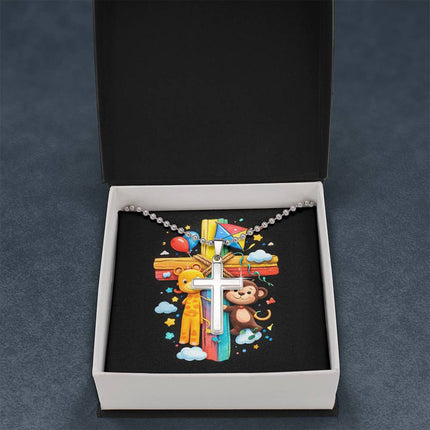 Rainbow Cross Jungle Animals | Christian Cross Necklace | Gift for Kids