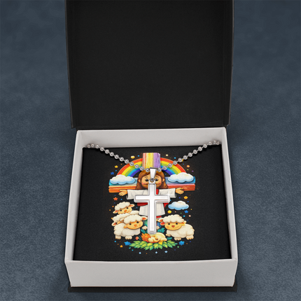 Jesus And Little Lambs | Christian Cross Necklace | Gift for Kids