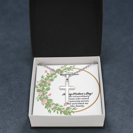 Polished stainless steel cross necklace with ball chain displayed in a luxury gift box with a Dearest Mother-in-Law Happy Mother's Day message card and watercolor floral wreath background.