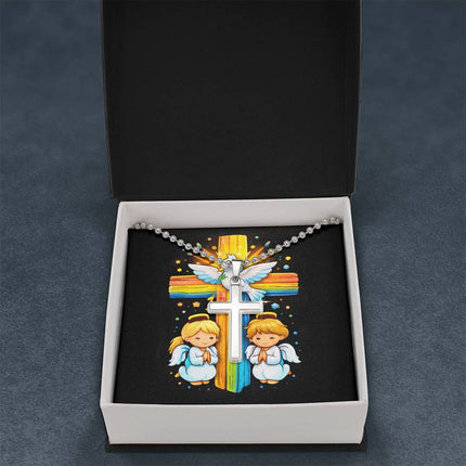 Rainbow Cross Angels And Dove | Christian Cross Necklace | Gift for Kids