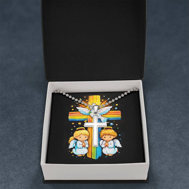 Rainbow Cross Angels And Dove | Christian Cross Necklace | Gift for Kids