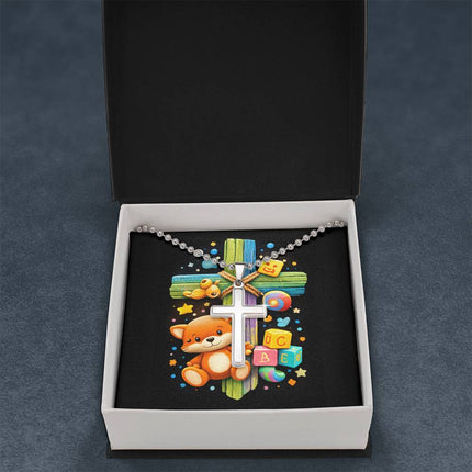 Rainbow Cross Little Fox | Christian Cross Necklace | Gift for Kids