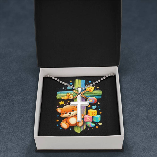 Rainbow Cross Little Fox | Christian Cross Necklace | Gift for Kids
