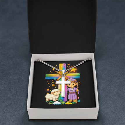 Rainbow Cross Little Shepherd | Christian Cross Necklace | Gift for Kids