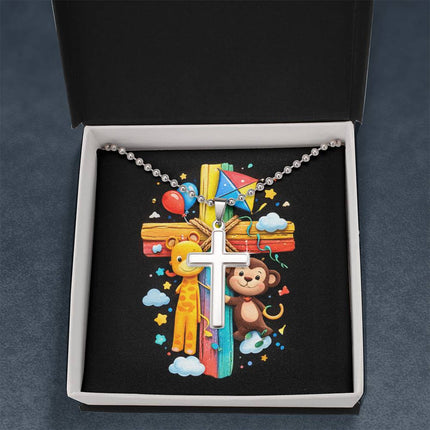 Rainbow Cross Jungle Animals | Christian Cross Necklace | Gift for Kids