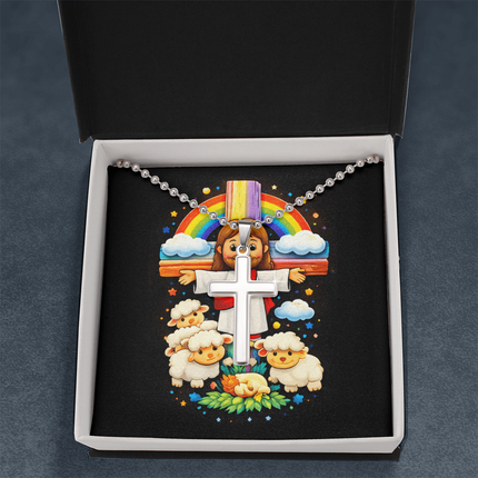 Jesus And Little Lambs | Christian Cross Necklace | Gift for Kids