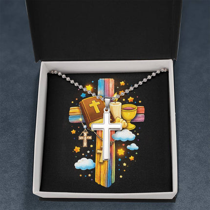 Rainbow Cross Bible And Cross | Christian Cross Necklace | Gift for Kids