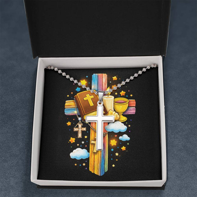 Rainbow Cross Bible And Cross | Christian Cross Necklace | Gift for Kids