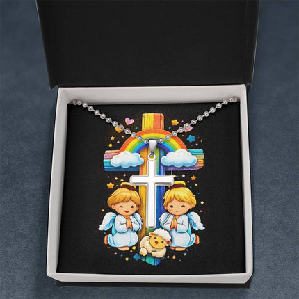 Rainbow Cross Cherub Angels | Christian Cross Necklace | Gift for Kids