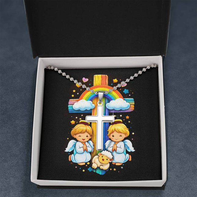 Rainbow Cross Cherub Angels | Christian Cross Necklace | Gift for Kids
