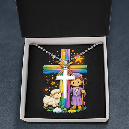 Rainbow Cross Little Shepherd | Christian Cross Necklace | Gift for Kids