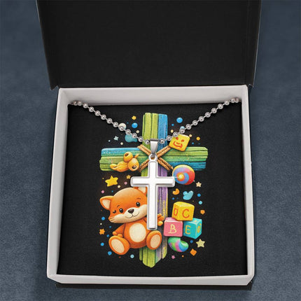 Rainbow Cross Little Fox | Christian Cross Necklace | Gift for Kids