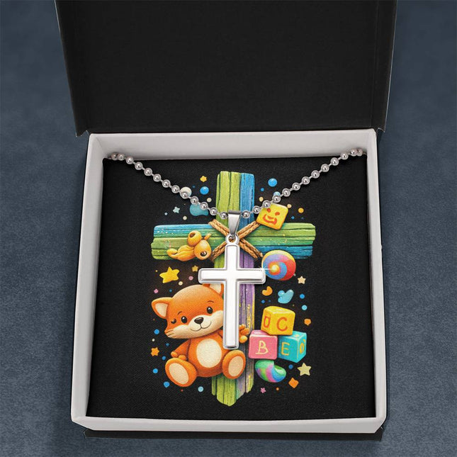 Rainbow Cross Little Fox | Christian Cross Necklace | Gift for Kids