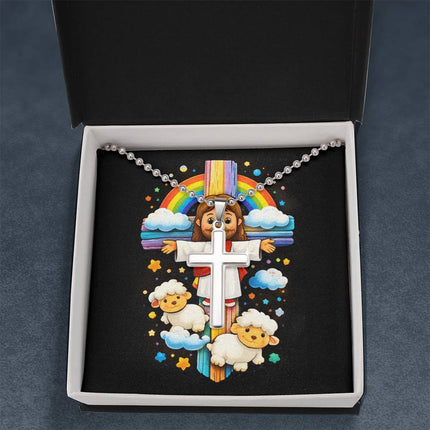 Rainbow Cross Jesus And Lamb | Christian Cross Necklace | Gift for Kids