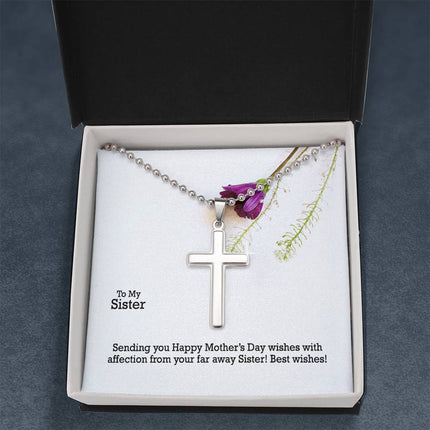 Polished stainless steel cross necklace with ball chain displayed in a luxury gift box with a To My Sister Sending Happy Mother's Day Wishes message card and purple wildflower background.