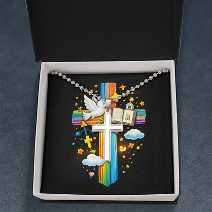 Rainbow Cross Open Bible | Christian Cross Necklace | Gift for Kids