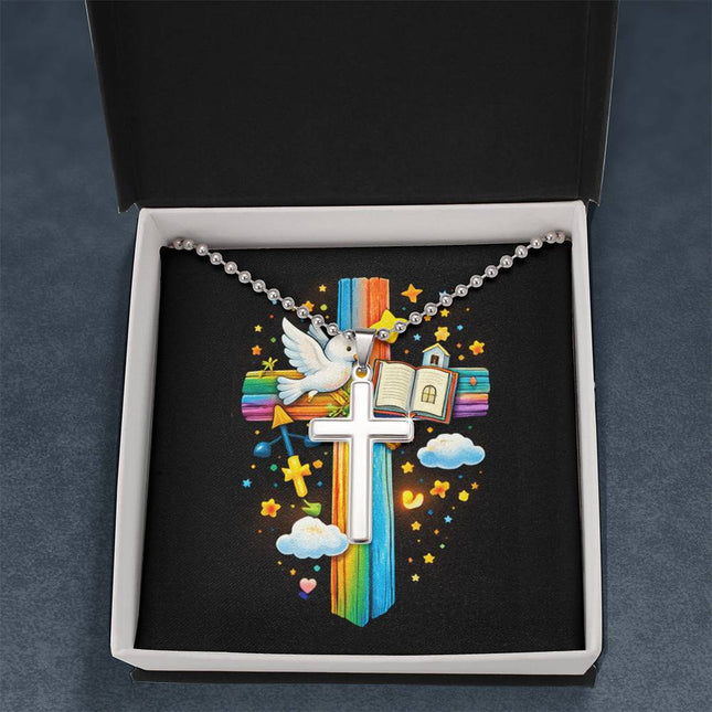 Rainbow Cross Open Bible | Christian Cross Necklace | Gift for Kids