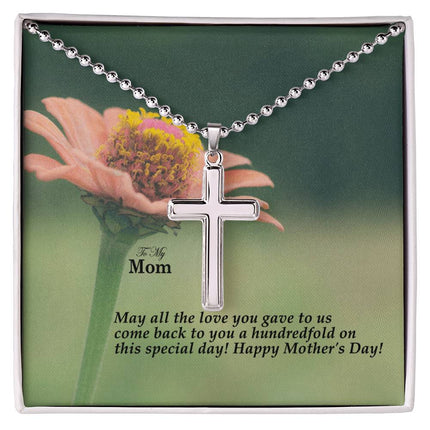 Polished stainless steel cross necklace with ball chain displayed in a luxury gift box with a To My Mom May All the Love You Gave Come Back Hundredfold Happy Mother's Day message card and pink zinnia flower background.