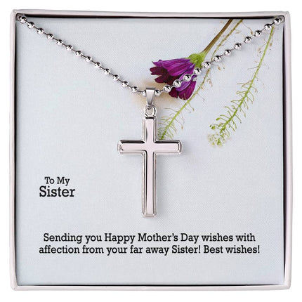 Polished stainless steel cross necklace with ball chain displayed in a luxury gift box with a To My Sister Sending Happy Mother's Day Wishes message card and purple wildflower background.