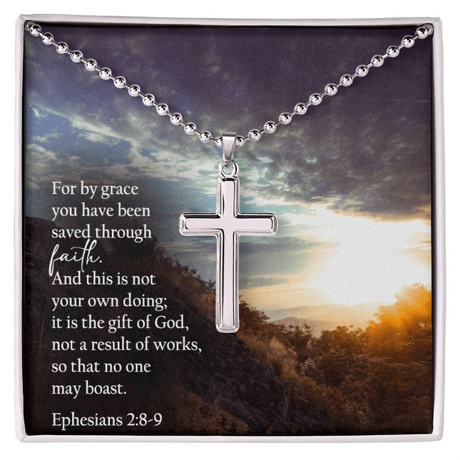 Ephesians 2:8-9 Cross Necklace | Saved by Grace Through Faith Gift