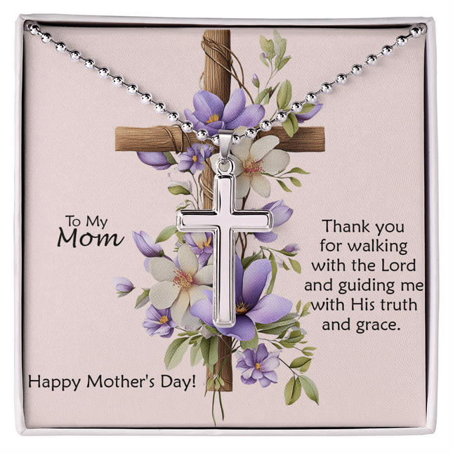Polished stainless steel cross necklace with ball chain displayed in a mahogany luxury gift box with a To My Mom Thank You for Walking With the Lord Happy Mother's Day message card and purple floral cross background.