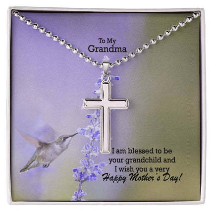Polished stainless steel cross necklace with ball chain displayed in a luxury gift box with a To My Grandma I Am Blessed to Be Your Grandchild Happy Mother's Day message card and hummingbird lavender background.