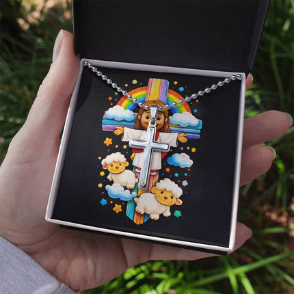 Rainbow Cross Jesus And Lamb | Christian Cross Necklace | Gift for Kids