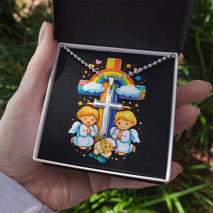 Rainbow Cross Cherub Angels | Christian Cross Necklace | Gift for Kids